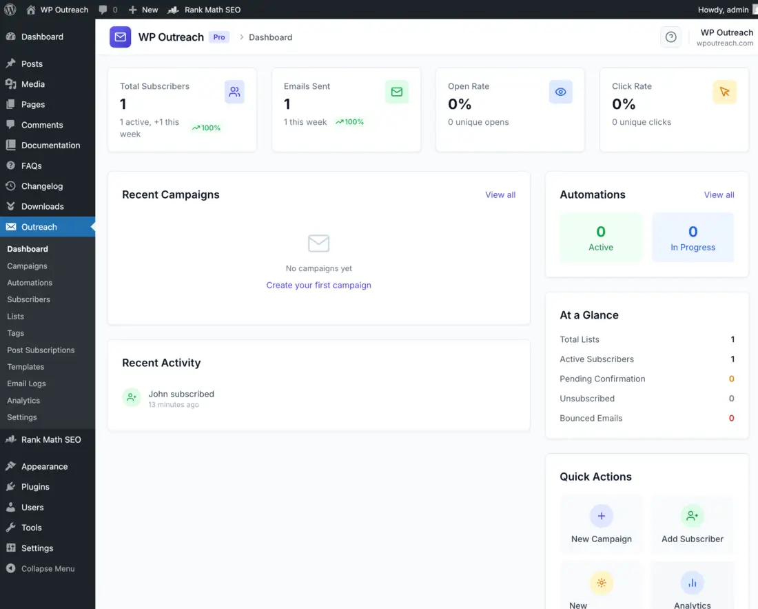 WP Outreach menu in WordPress admin sidebar
