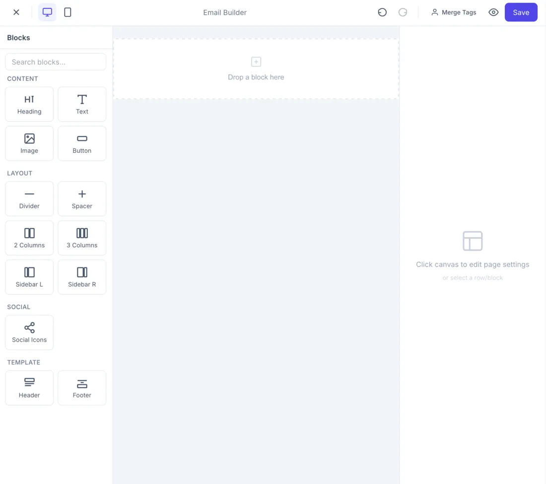 Email builder interface with blocks, canvas, and settings