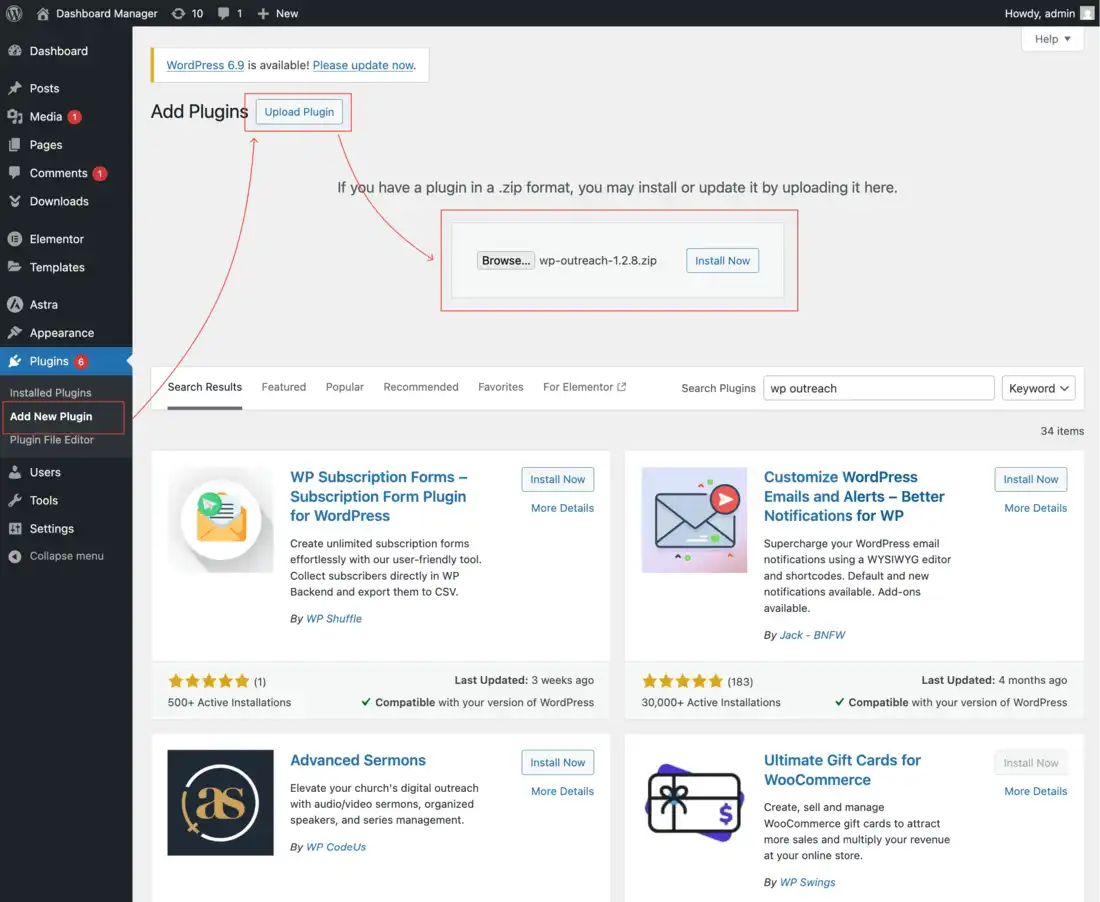 WordPress plugin upload screen showing the WP Outreach installation process