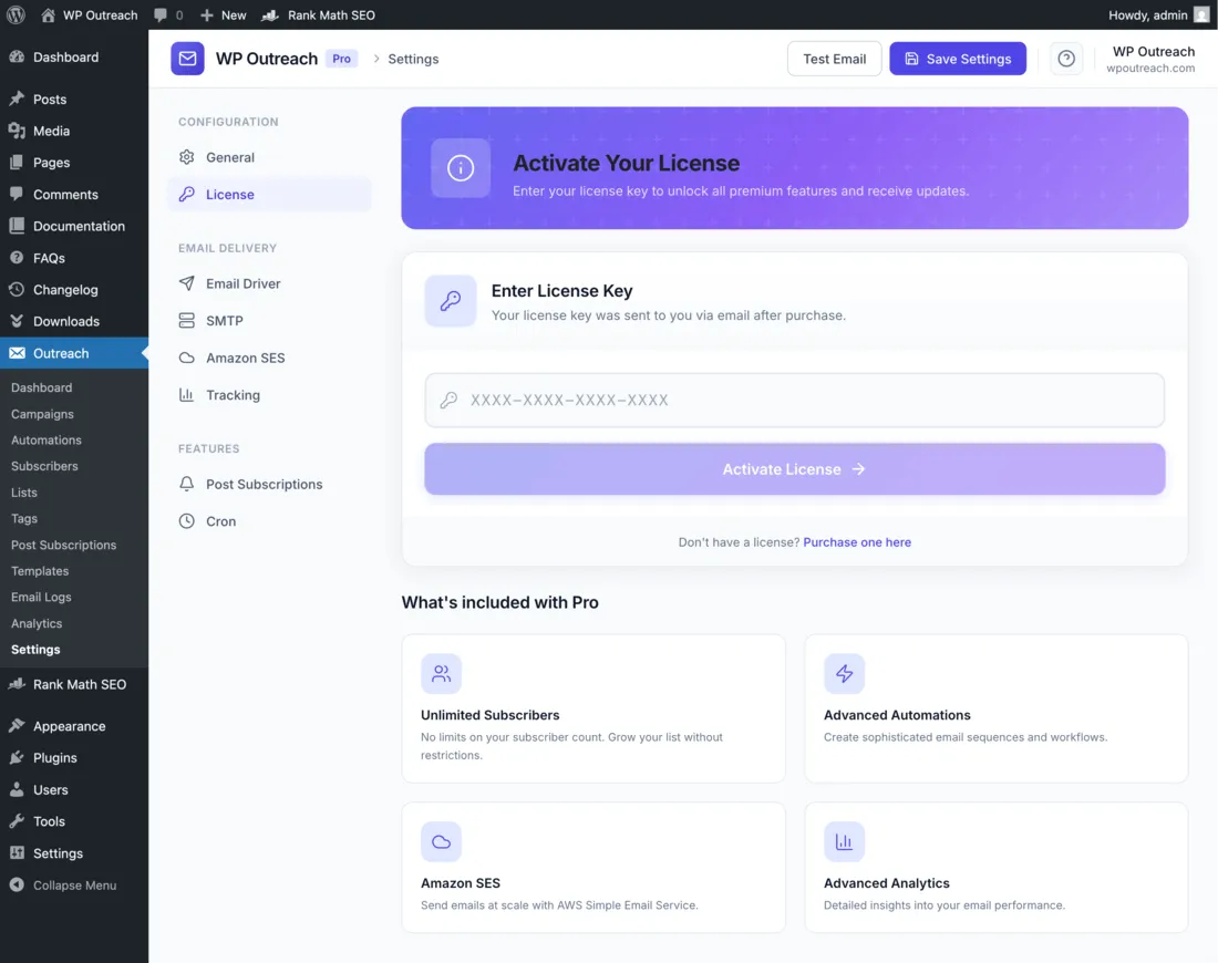License activation screen in WP Outreach settings