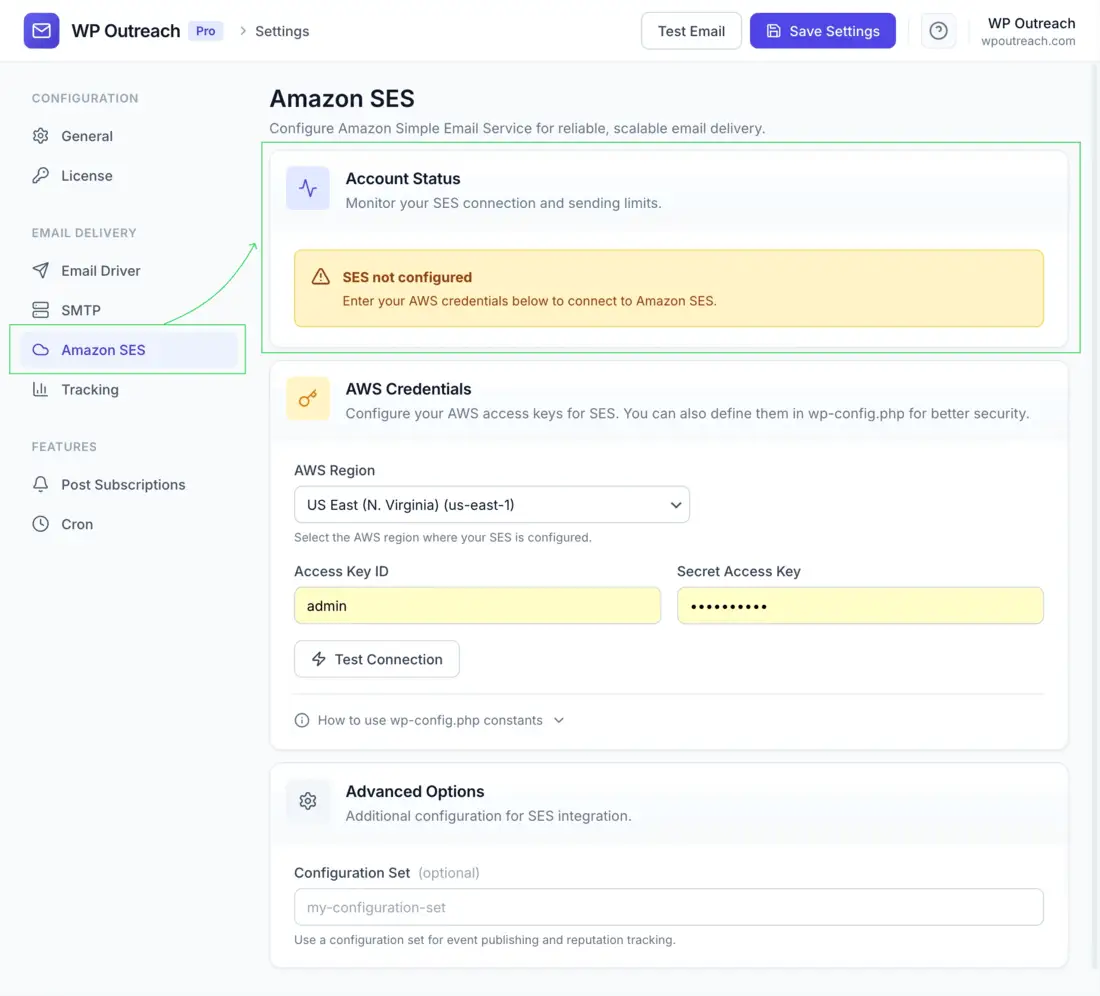 WP Outreach SES dashboard showing account status