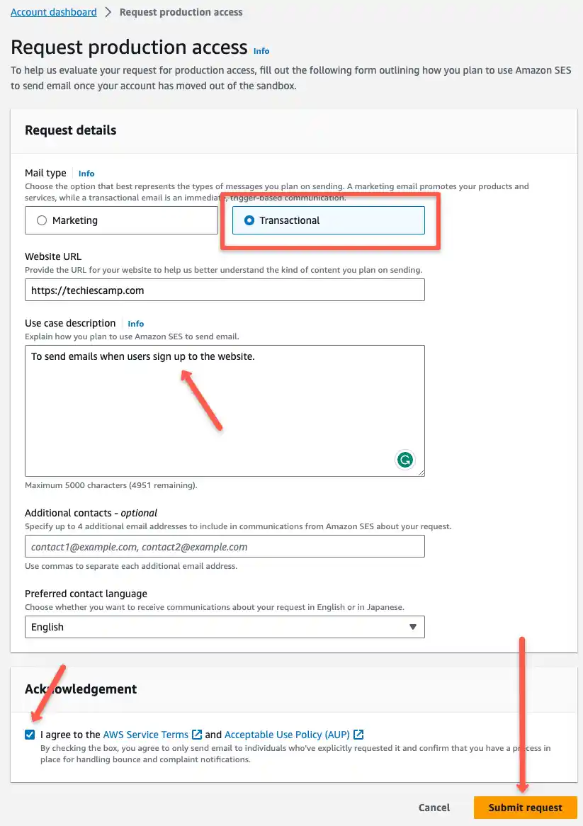 SES production access request form