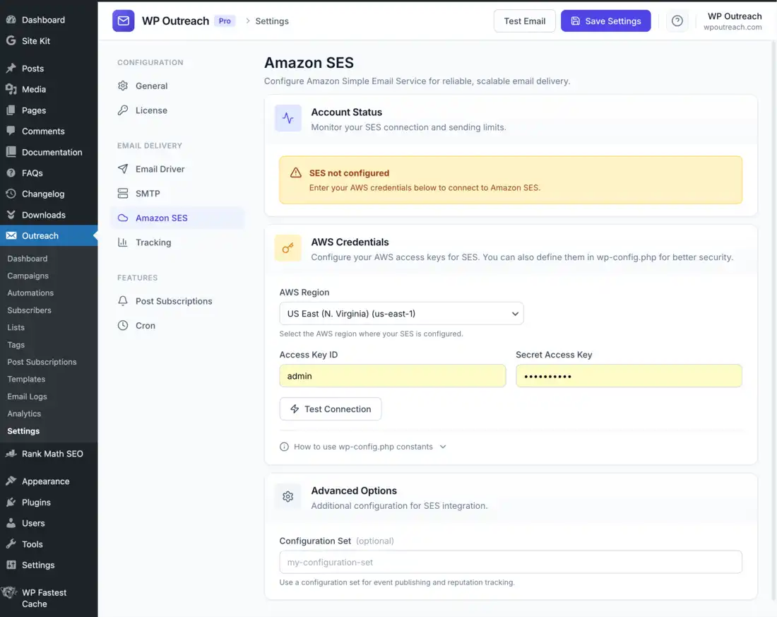WP Outreach Amazon SES settings screen