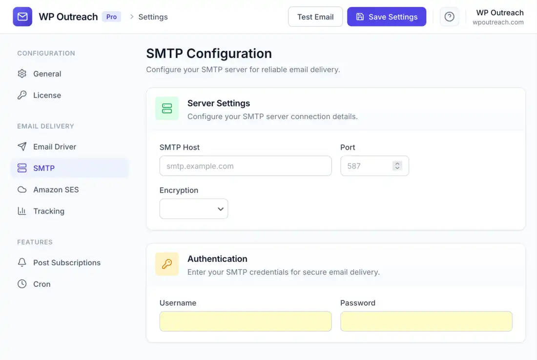 SMTP configuration settings in WP Outreach