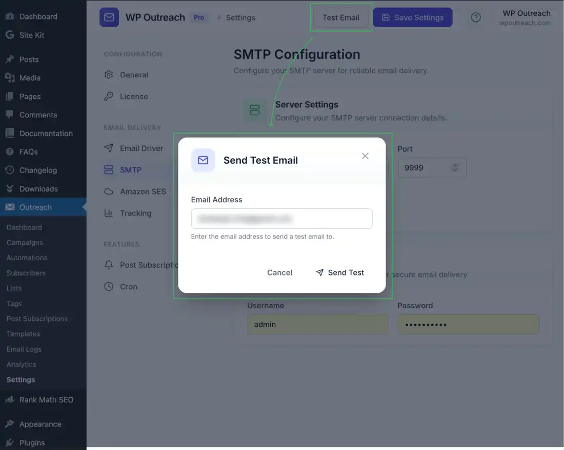 SMTP test email interface