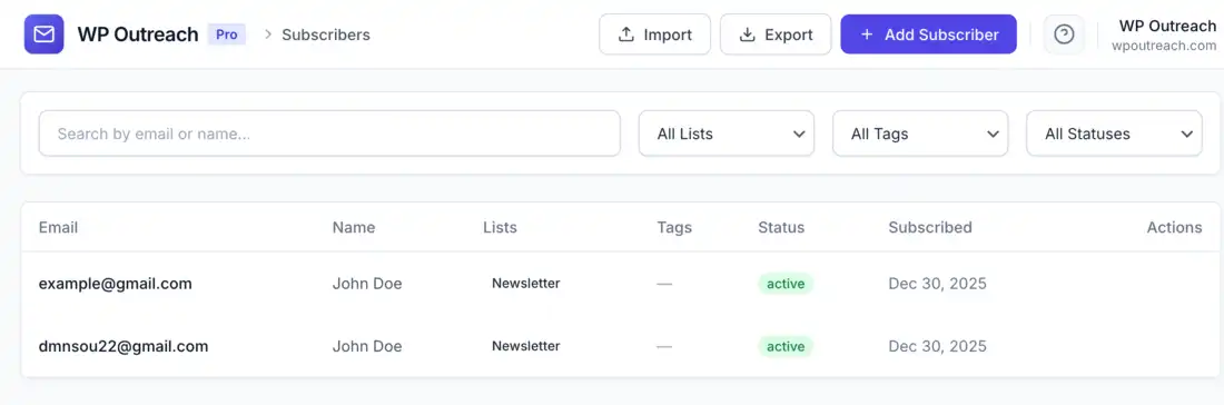 Subscriber list view showing email addresses, names, and status