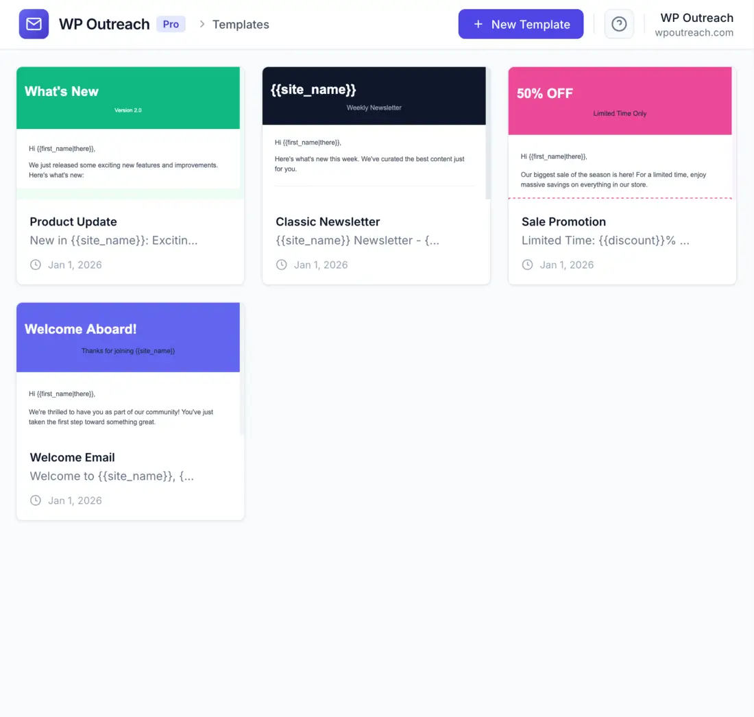 Template library showing pre-built email templates